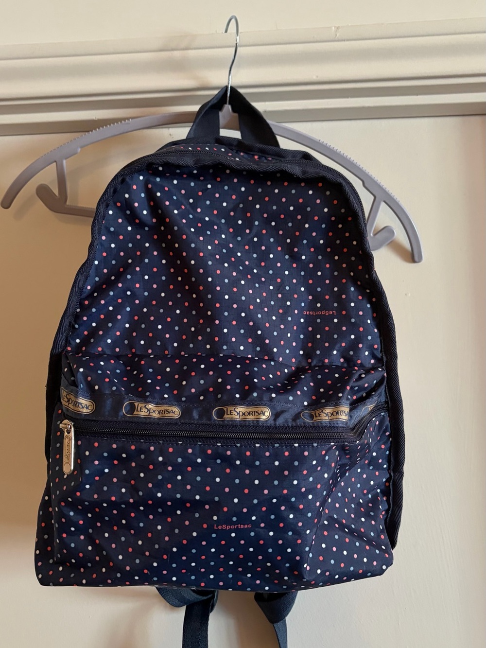 LeSportsac Navy Polka Dot Backpack with Pink and White Dots
